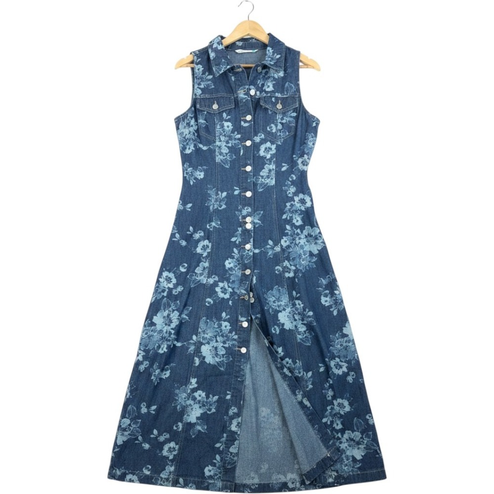Given Kale Denim Maxi Dress sz M Blue Floral Button Front Boho western cowgirl